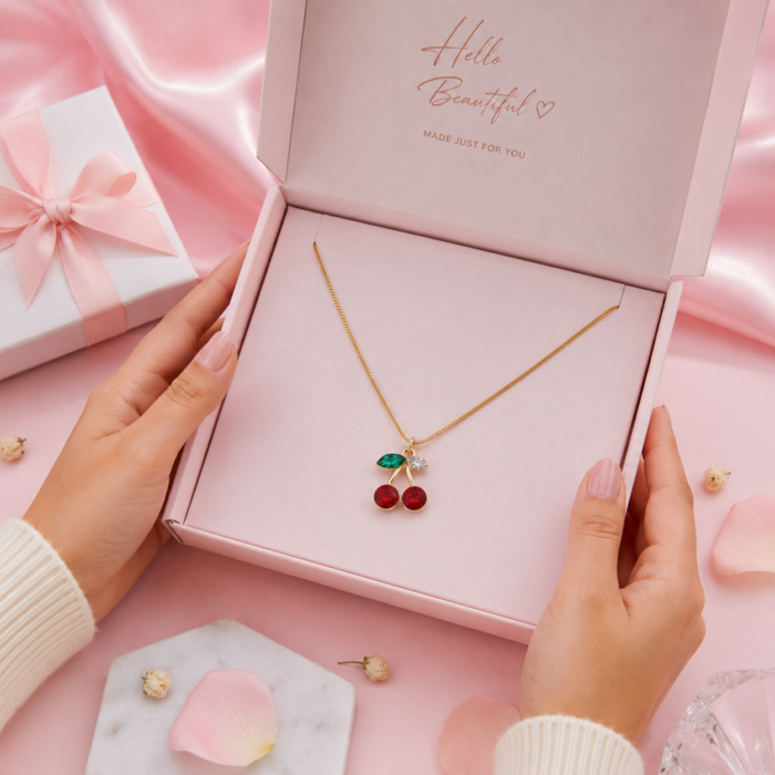 Hands holding an open pink gift box containing a gold cherry pendant necklace with red and green crystals.