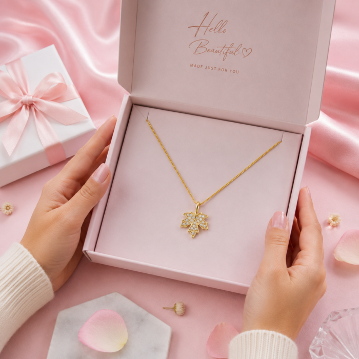 Gold maple leaf pendant necklace with studded crystals inside a pink gift box labeled Hello Beautiful.