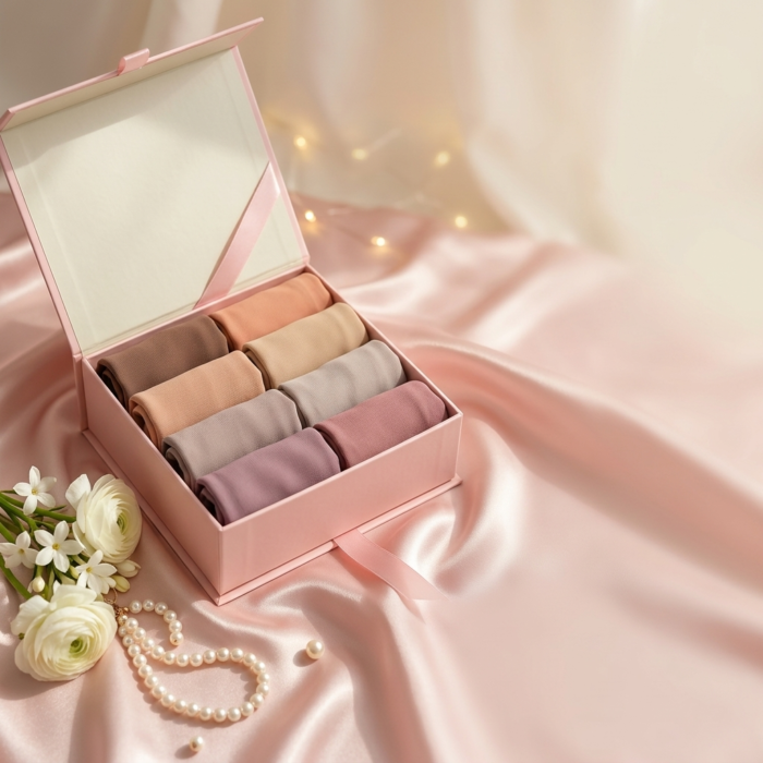 A pink gift box filled with eight neatly rolled chiffon hijabs in neutral and dusty pink tones on a satin fabric.