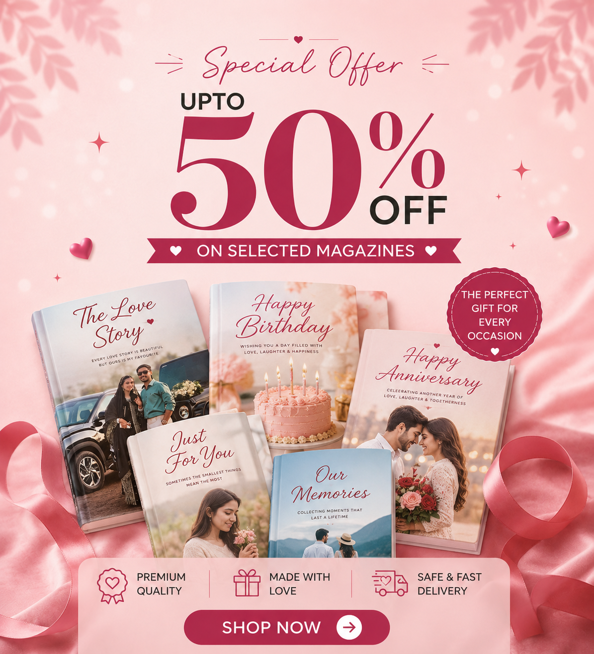 Customized photo magazines with romantic and celebration themes, offering up to 50 percent off special promotion.