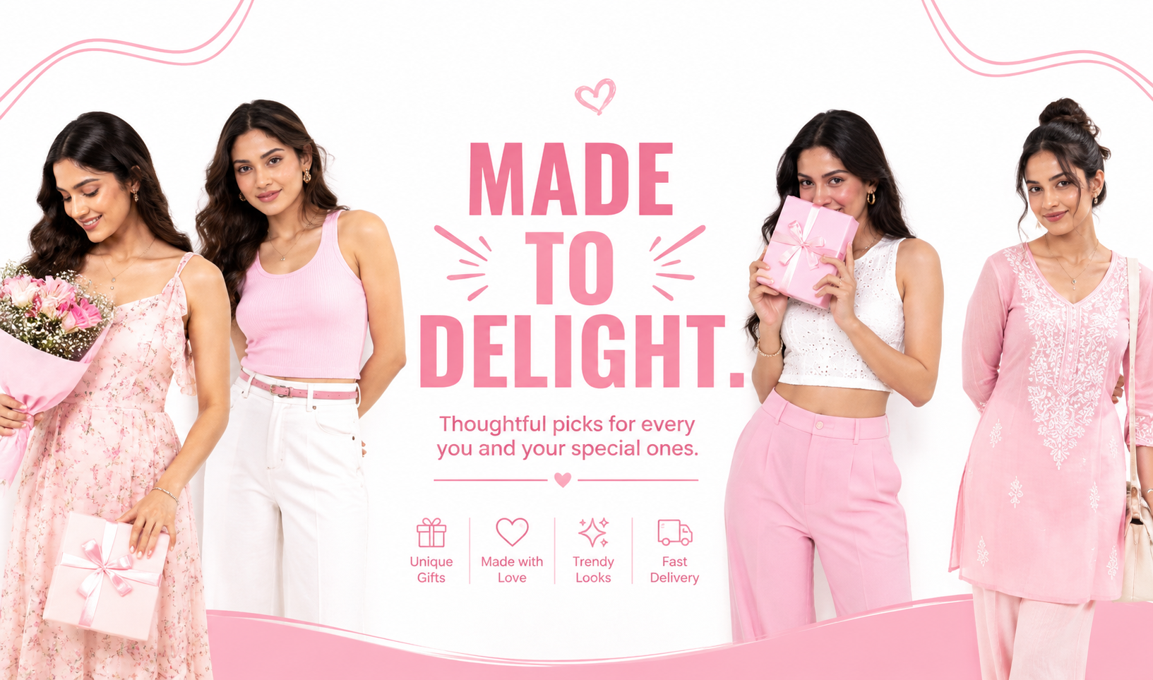 Woman showcasing pink pink gift boxes and chic pastel outfits for women's gift collection banner.