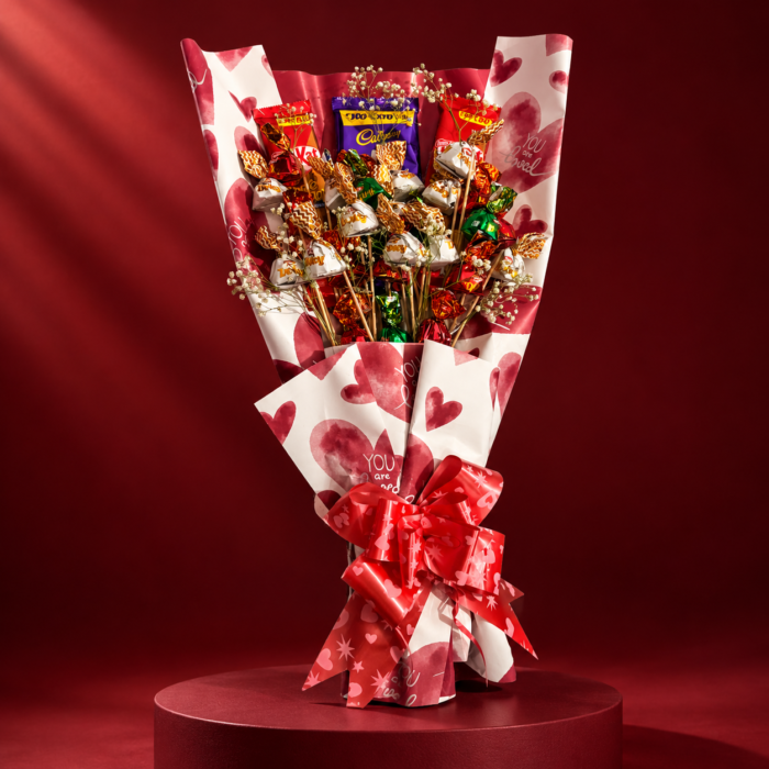 Handmade chocolate and candy bouquet wrapped in white and pink heart-patterned paper with a red bow.